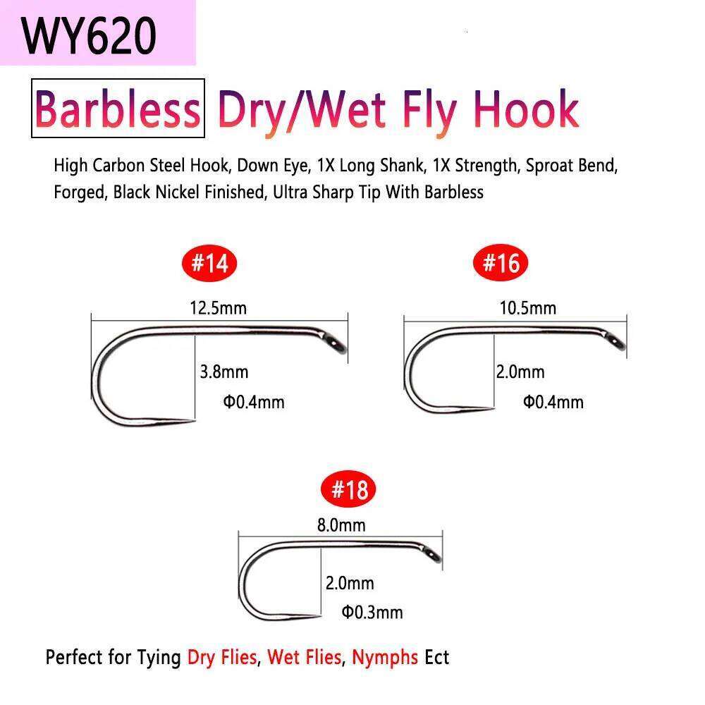 Bimoo 50pcs High Carbon Steel Barb Barbless Tying Hook For Dry Wet Jig Nymph Streamer Caddis Fly Trout Z260228