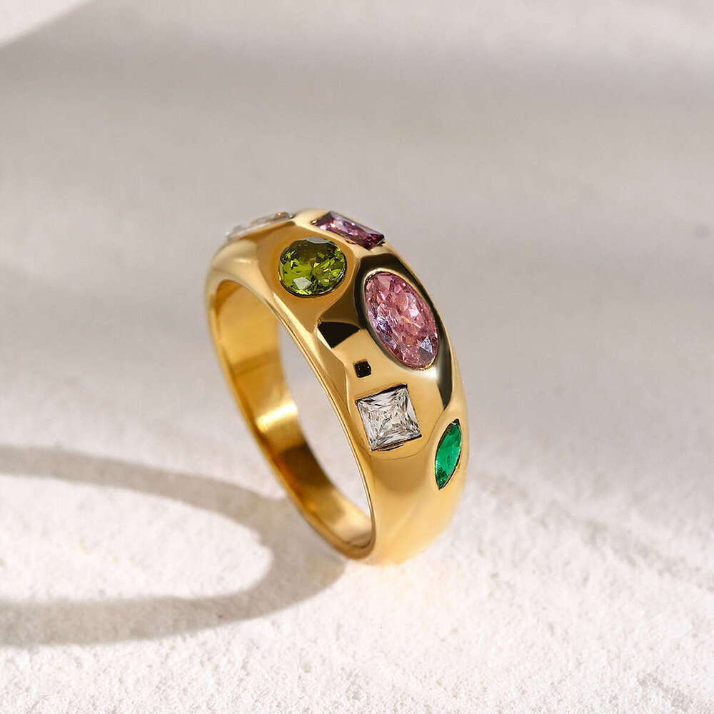 European and American INS Trendy 18K Gold Stainless Steel Inlaid Colorful Zircon Size 7 Cross-Border Wholesale New Ring