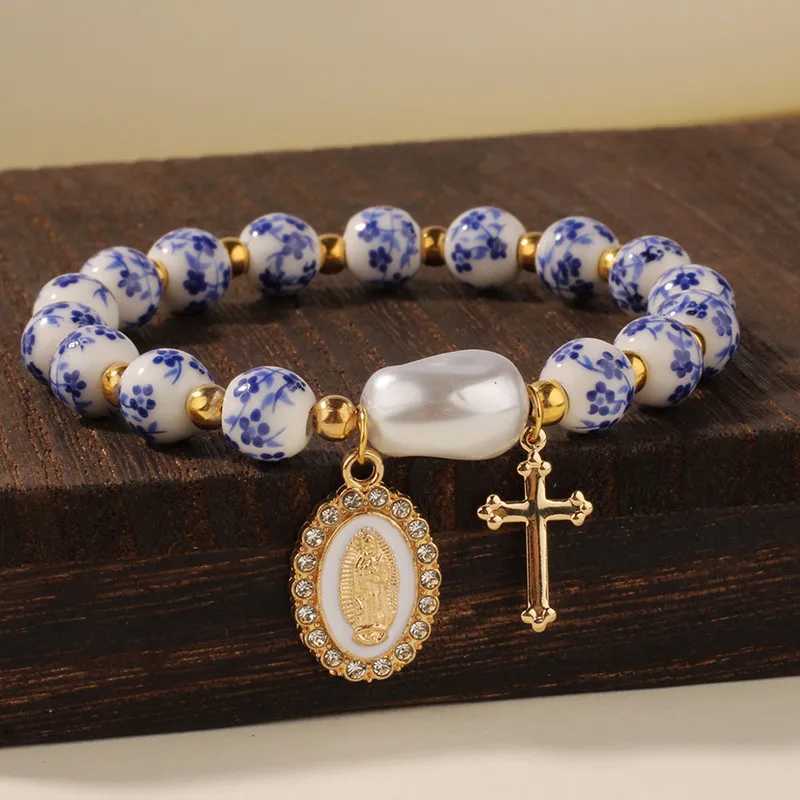 Ceramic golden beads Baroque pearl bracelet Virgin Mary and Jesus Charm Gift/Cross Jewelry/Christian Gift with Gift Box H260303