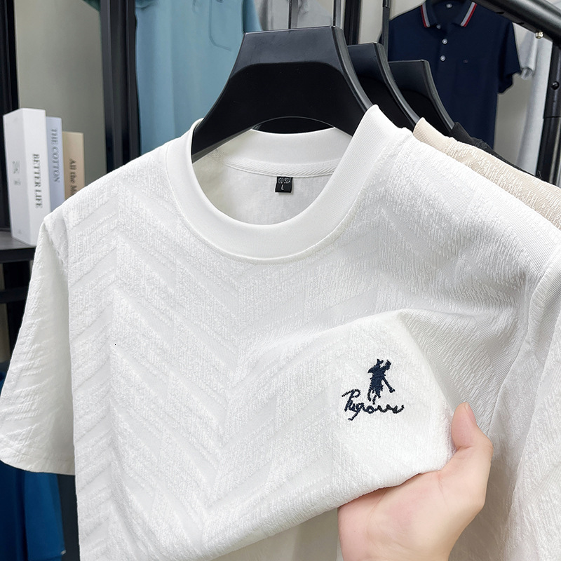 Luxury Brand Designer Clothes European Style Ice Silk Short-Sleeve T-Shirt For Men, Summer High-End Jacquard Embroidered Round-Neck Tee, Mature Men 