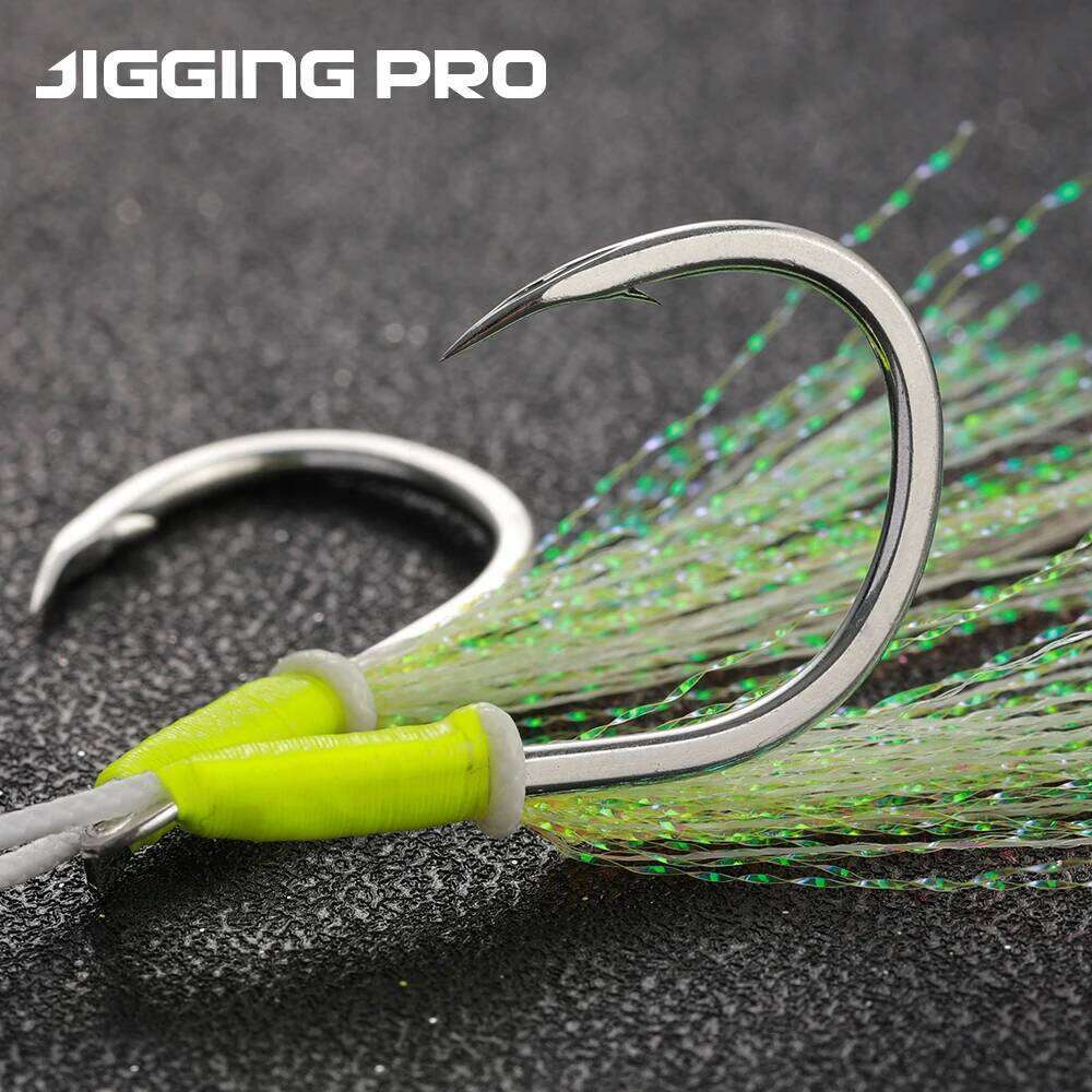 Jiggingpro 1/0 2/0 3/0 4/0 Sea Tackle Slow Jigging Fishing Hook Glow Double Assist Hooks Z260228