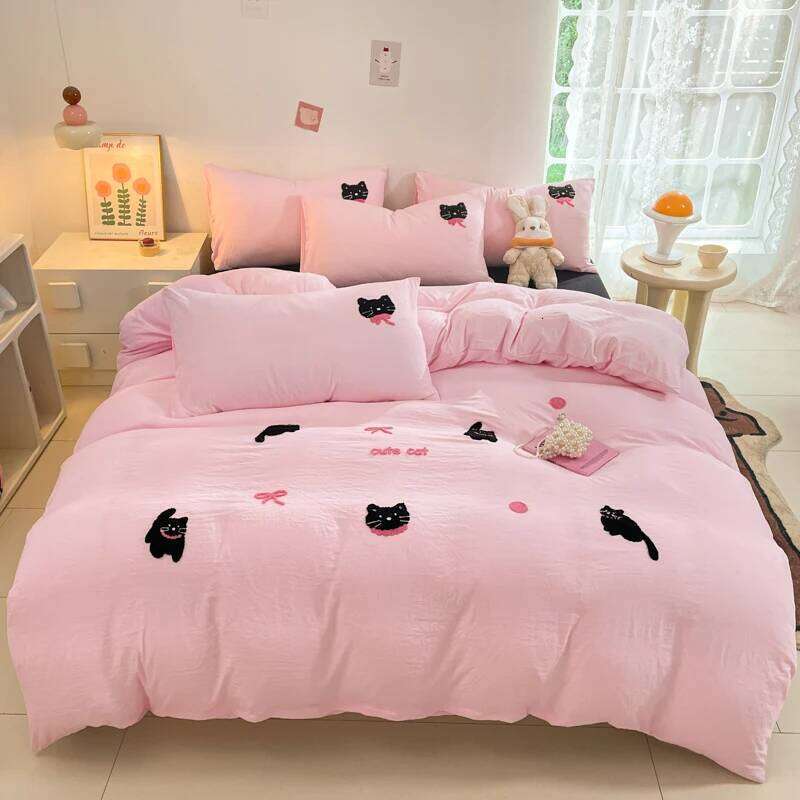 Korean Style Pink Bedding Set Black Cat Embroidery Washed Cotton Duvet Cover Cute Cardboard Bed linen Comforter Sets W260302