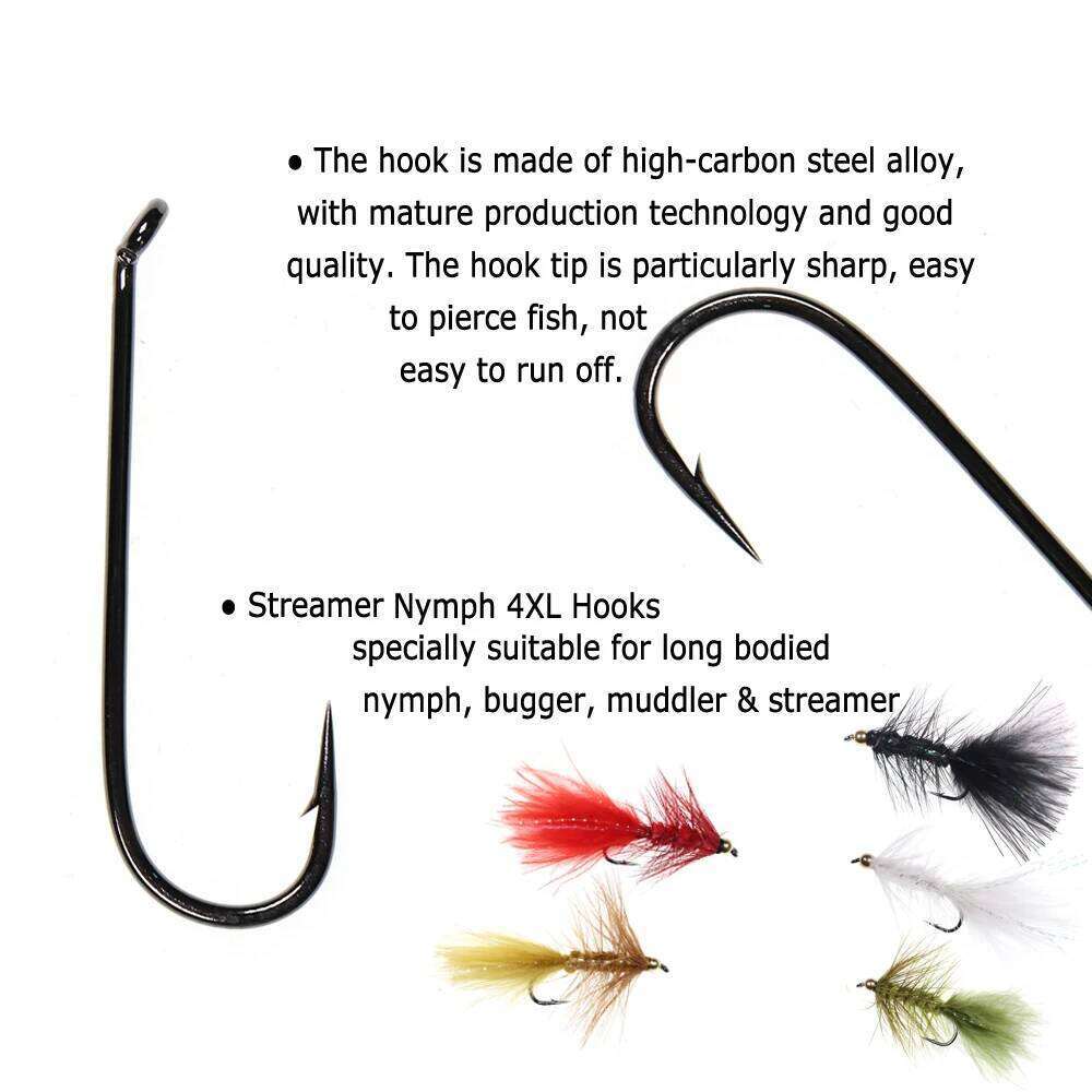 Bimoo 30pcs Tying Streamer Nymph 4XL Hooks with Down Eye 4X Length Muddlers Zonkers Fly Fishing Barbed Hook Black Nickel Z260228