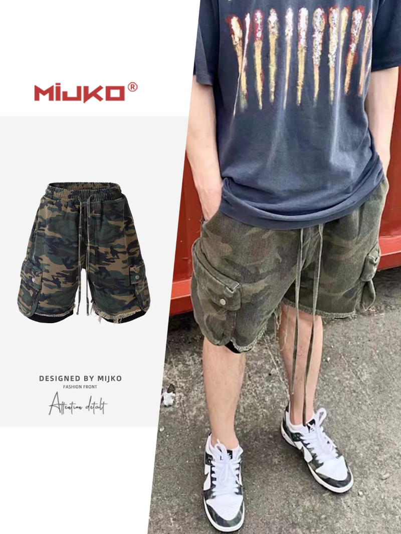 MIJKO Unisex Casual Camouflage Work Shorts Spring Summer Heavyweight Drawstring Splicing Design ZJ012
