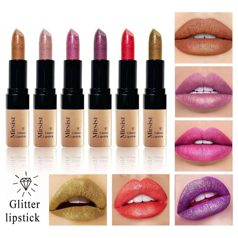 Diamond Gloss Pearlescent Glitter Metallic Shine 6 Color Plump Lipstick Waterproof Long Lasting Lip Makeup H260302