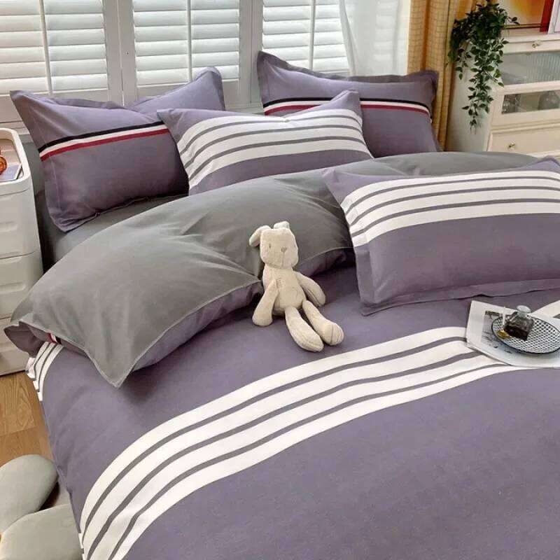 Plant Thickened Three Four Piece Bed Sheet Set Blue And White Large Grid W260302 W260302