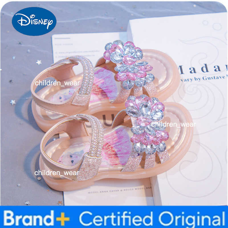 Disney Kids Sandals Elsa Princess Frozen PU Leather Crystal Summer Flat Shoes For Girls Breathable Anti-slip Blue Pink Size 23-33 H260303
