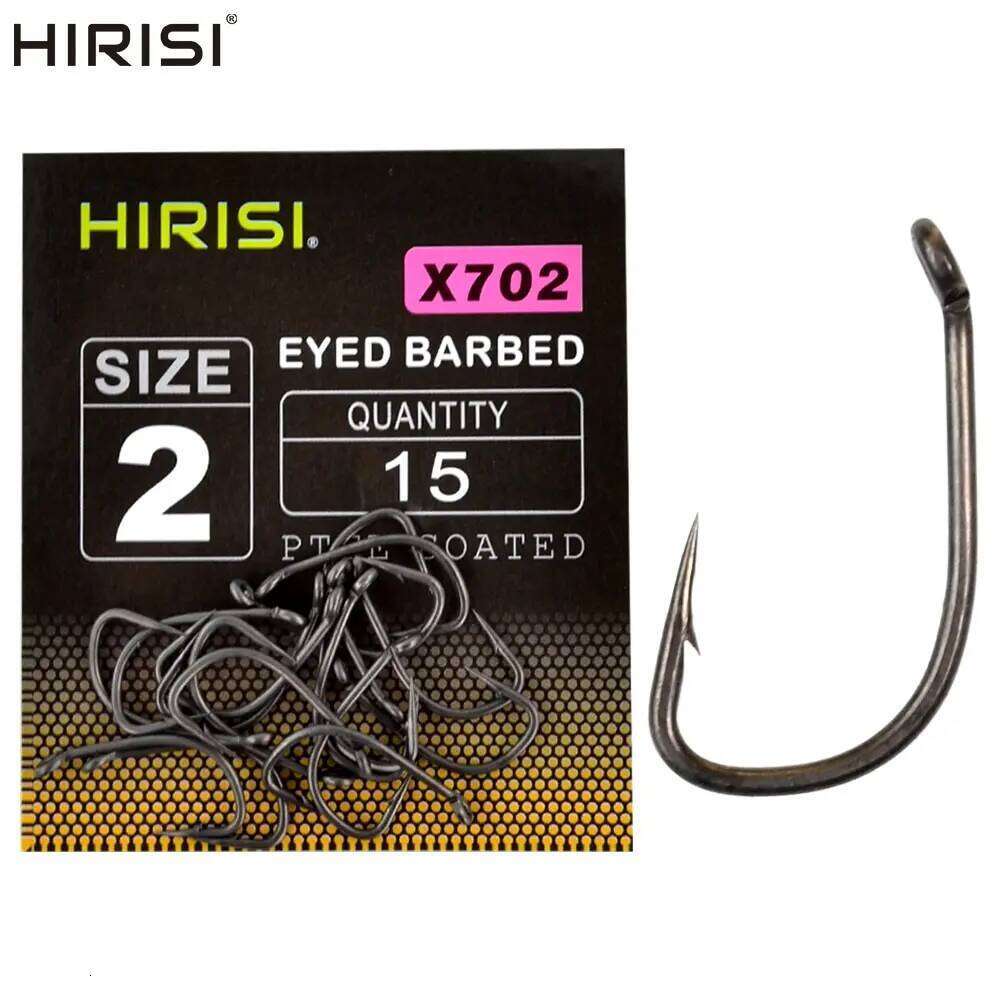 Hirisi 15pcs PTFE Coated High Carbon Steel Barbed Fish Hook With Eye Carp Fishing Accessories X702 Z260228