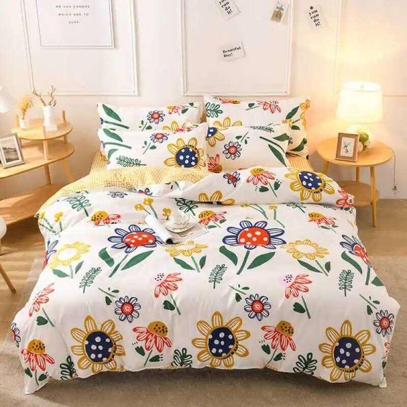 4pcs Thickened Washed Cotton Bedding Set, Four Piece Sheet Comfort Floral Pattern Style Couple Bed Comforter Set W260302 W260302