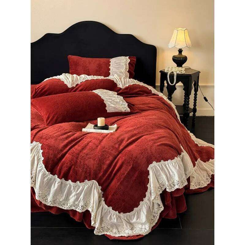 French lace edge winter bed sheet four-piece set milk fleece festive positive red engraving craft quilt cover bedding W260302