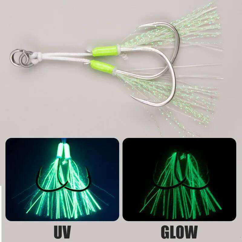 TEASER 2pcs/bag HK046 Luminous Sea Fishing Double Hooks Strength Slow Jigging 1/0-5/0 High Carbon Metal Jig Assist Hook Z260228