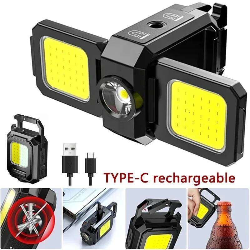 Mini Multifunctional LED Flashlight Keychain Double COB Lights USB Rechargeable with 90 Foldable Emergency Portable Light S260302