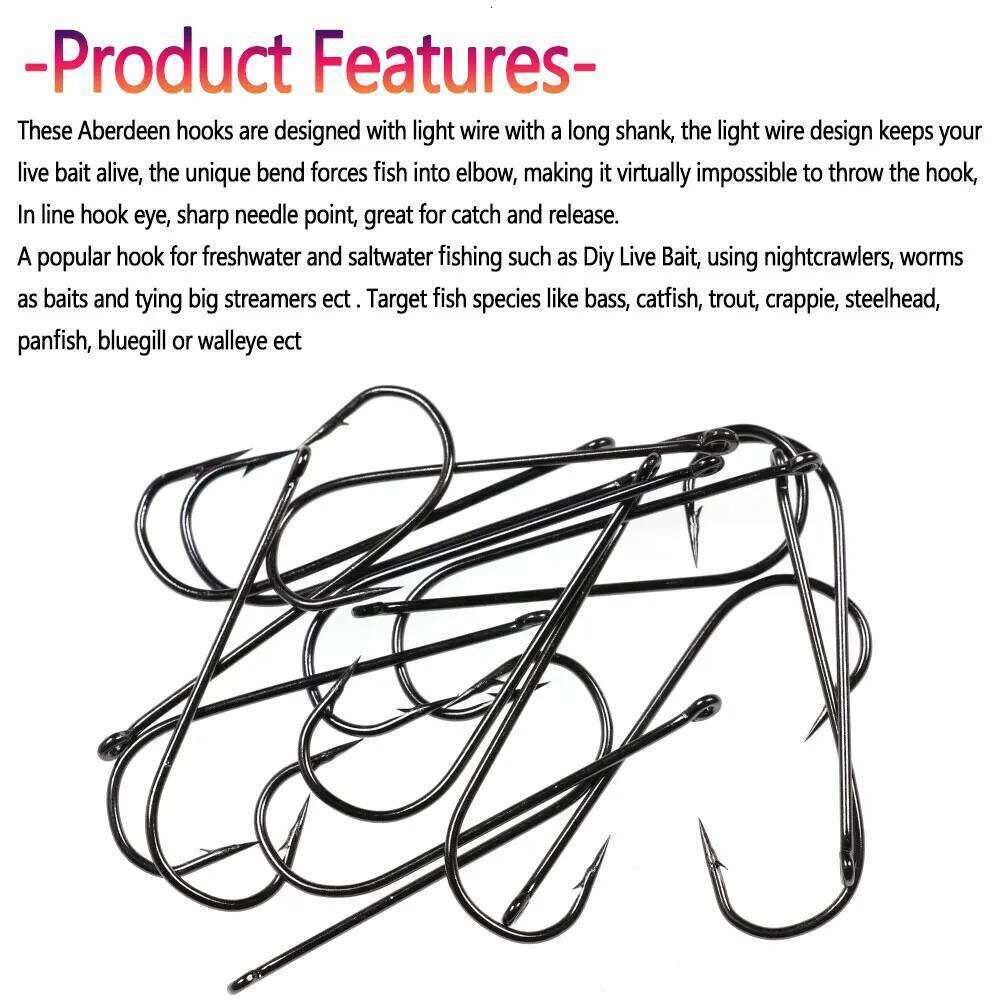 Bimoo 50PCS Aberdeen Long Shank Fish Saltwater Fresh Water Fishing Sabiki Rig Streamer Fly Hook Size 10 4 2 2/0 3/0 Z260228