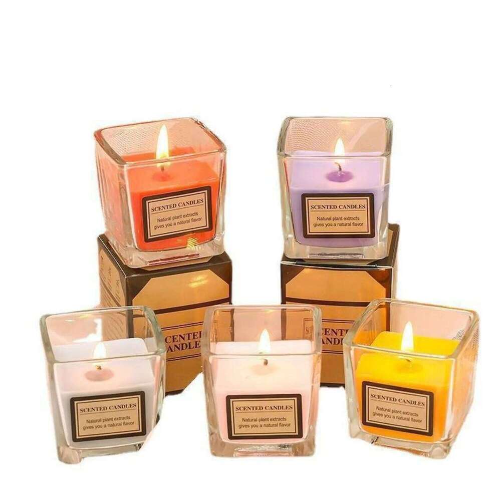 1pc Square Cup Colorful Smokeless Glass Candle Niche Aromatherapy Ins Style Romantic Home Office Party Decor W260303