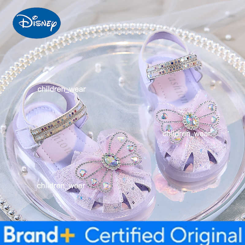 Disney Girls Hollow Sequin Butterfly Knot Rhinestone Princess Sandals Summer Childrens Casual Shoes Kids Crystal Shoes Foottwear H260303