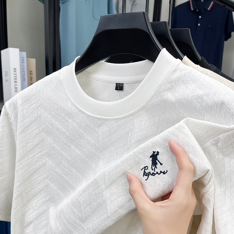 Luxury Brand Designer Clothes European Style Ice Silk Short-Sleeve T-Shirt For Men, Summer High-End Jacquard Embroidered Round-Neck Tee, Mature Men 
