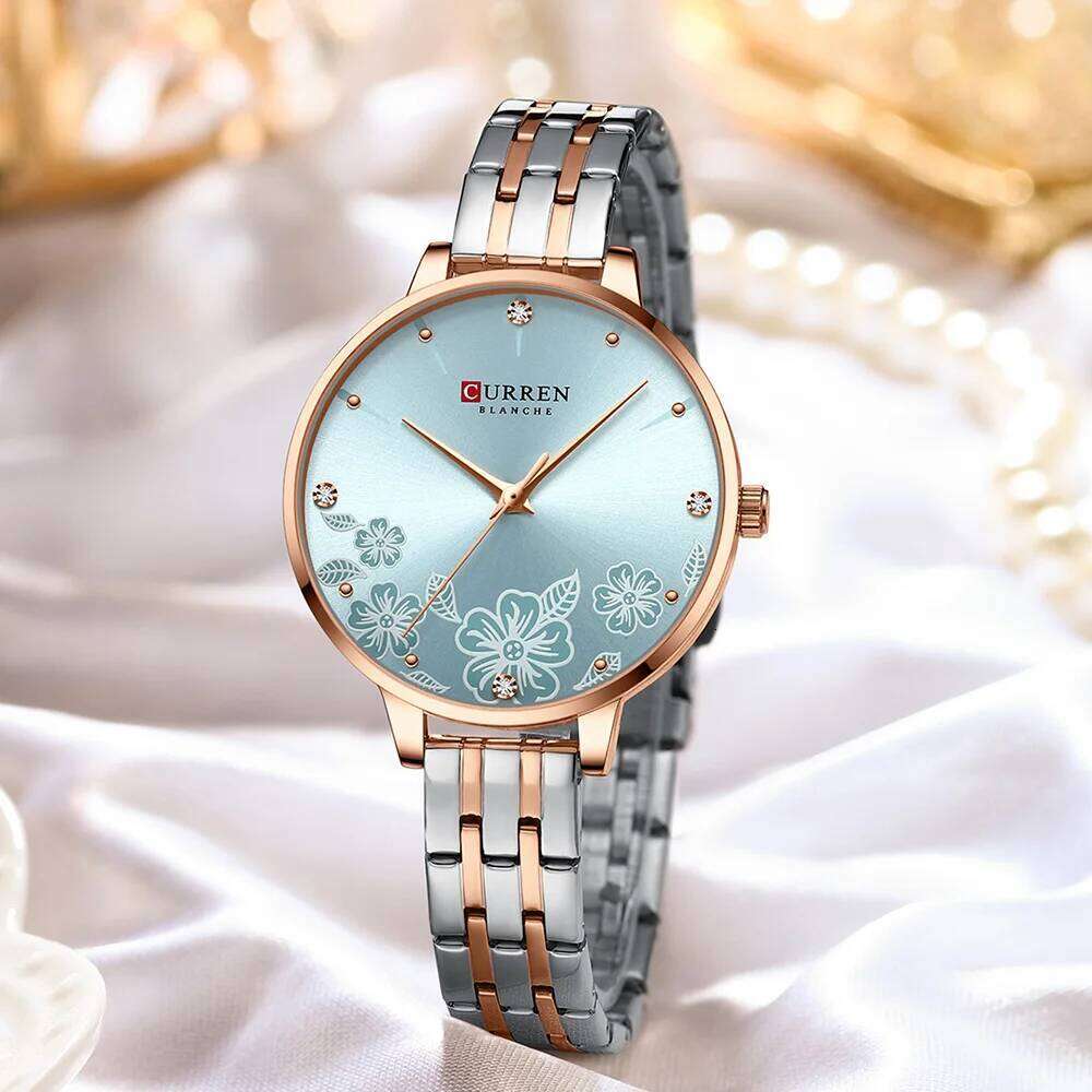 CURREN Fashion Quartz Wristwatches for Women Simple Stainless Steel Watch Bracelet with Flower Design Dial XJ260303