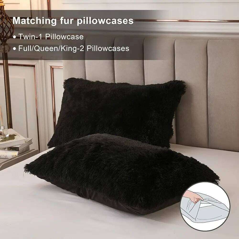 Luxury King Size Black Faux Fur Duvet Cover Set with 2 Pillowcases, Plush Velvet, Zippered Closure W260302