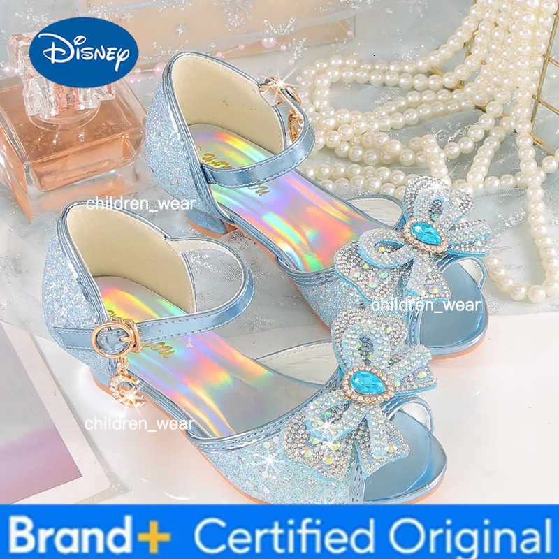 Disney Summer Girls Sandals With Heel Fashion Rhinestone Shiny Glitter Shoes Children Princess Bowtie Pearl Dancing Shoes H876 H260303