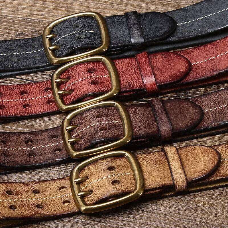 Vintage Men's 3.8cm Wide Breasted 100% Cowhide Double Prong Buckle Handmade Heavy Duty Fashion Jeans Belt Brown S260228