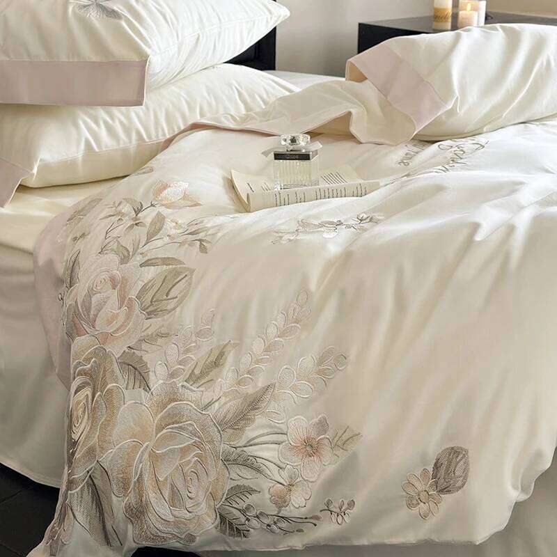 4 Piece Light Luxury Style Long Staple 100% Cotton Floral Embroidery Bedding Set Duvet Cover 200x230 220x240 Four Seasons W260302