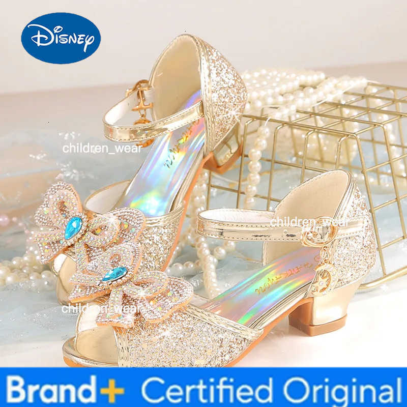 Disney Summer Girls Sandals With Heel Fashion Rhinestone Shiny Glitter Shoes Children Princess Bowtie Pearl Dancing Shoes H876 H260303