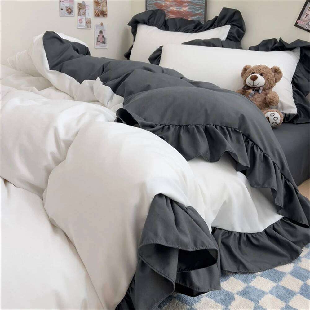 Princess Style Bedding Soft Solid Color Ruffle Duvet Cover Comforter Pillowcase Bed Sheet Washed Cotton Four Pieces Set W260302