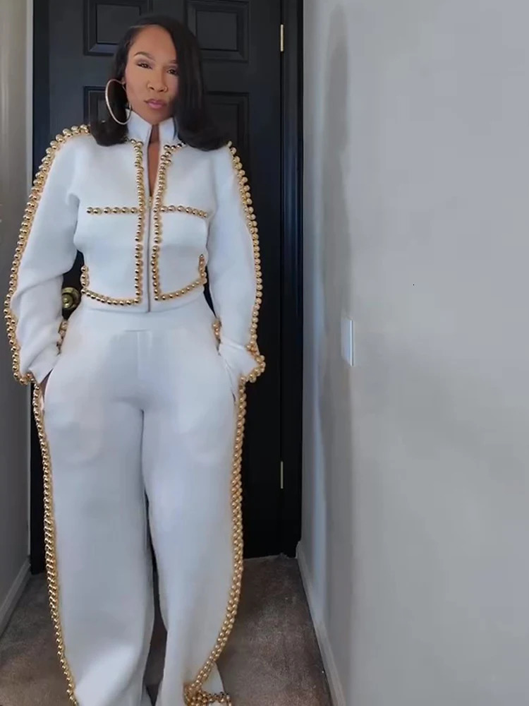 Chic Pearl Trimmed Coat Pants Women Set Elegant Long Sleeve Stand Collar Short Jacket Wide Leg Trouser Modern Lady 2 Pieces Sets 260303