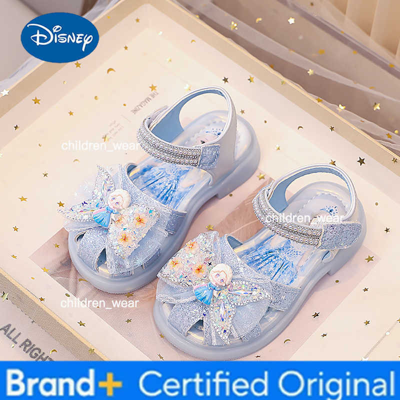 Disney Sandals Girls Princess PU Leather Summer Fashion Crystal Sequin Flat Bottom Shoes For Breathable Anti-slip Blue Pink Size 23-33 H260303