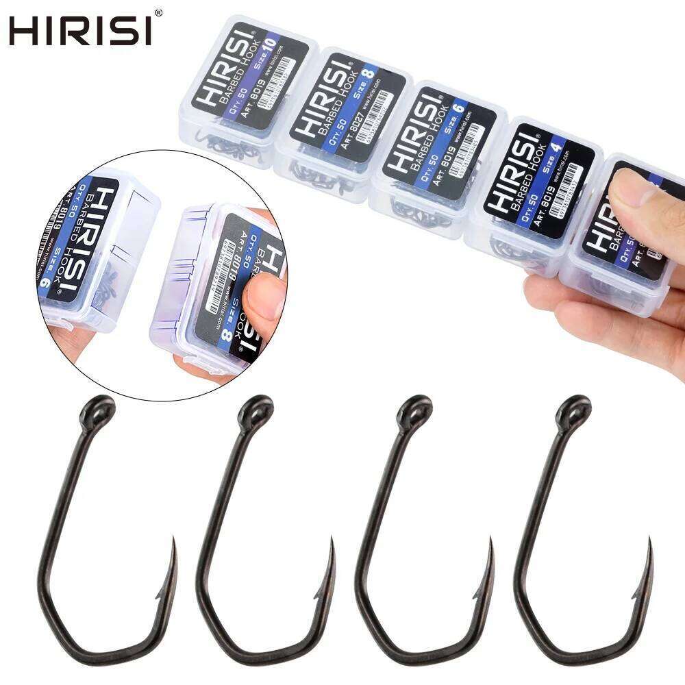 Hirisi 50pcs Carp Fishing Barbed Pinpoint Claw PTFE Coating High Carbon Stainless Steel Eyed Fish Hooks 8019 Z260228