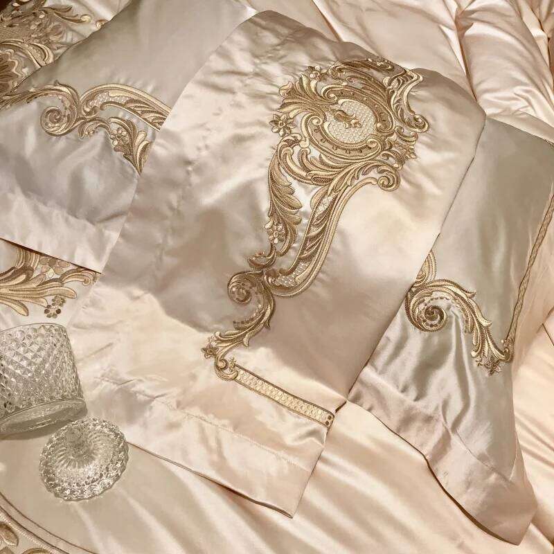 Royal Golden Embroidery European Palace Luxury Bedding Set Champagne Brocade Egyptian Cotton Duvet Cover Bed Sheet Pillowcases W260302