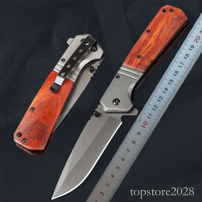 High Quality A228 Flipper Folding Knife 3Cr13Mov Titanium Coating Drop Point Blade Wood with Steel Handle Outdoor EDC Pocket Knives