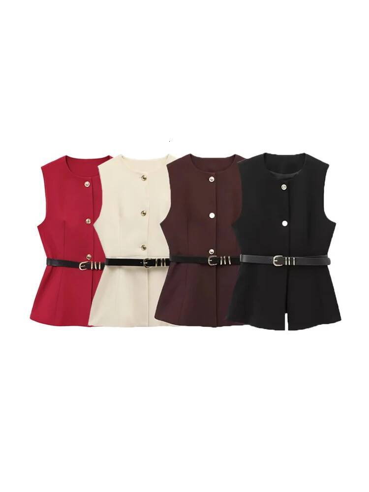 Women's Long Waistcoat with Belt, Front Gold Button, O Neck Sleeveless Vest, Female Outerwear, Chic Tops, Fashion dongdumaoyi