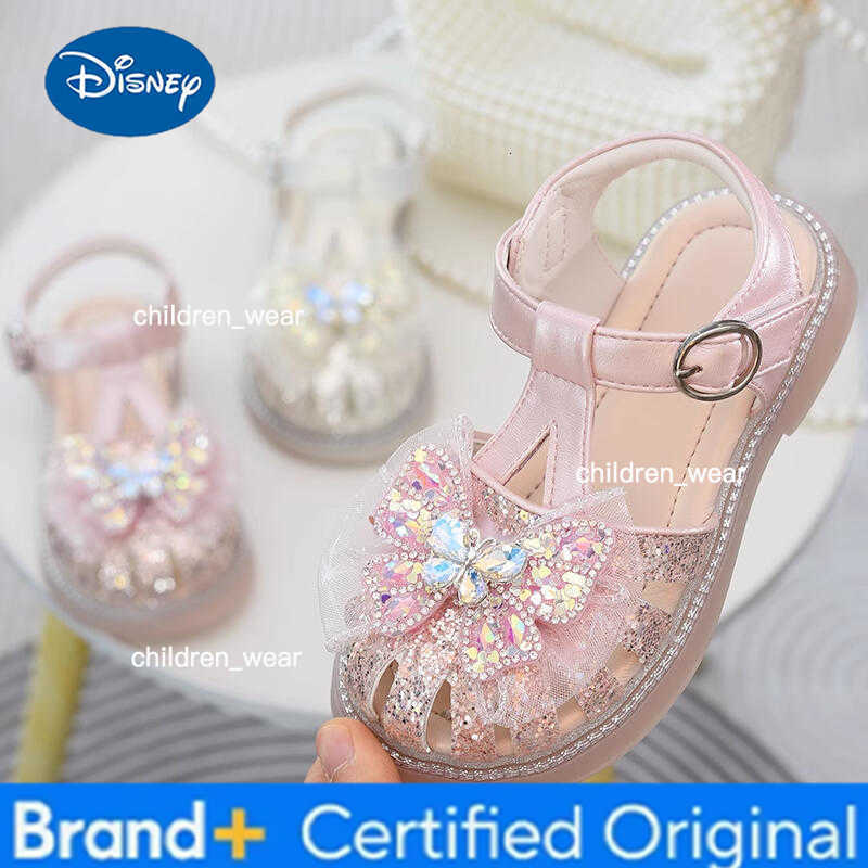 Disney Sweet Glitter Mesh Bowknot Decoration Gladiator Sandals Girl 2025 Summer Cool Hollow Magic Tape Sandals Child Cute Beach Shoes H260303