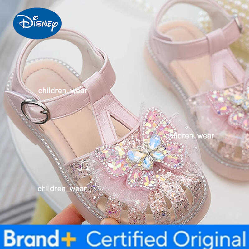 Disney Sweet Glitter Mesh Bowknot Decoration Gladiator Sandals Girl 2025 Summer Cool Hollow Magic Tape Sandals Child Cute Beach Shoes H260303