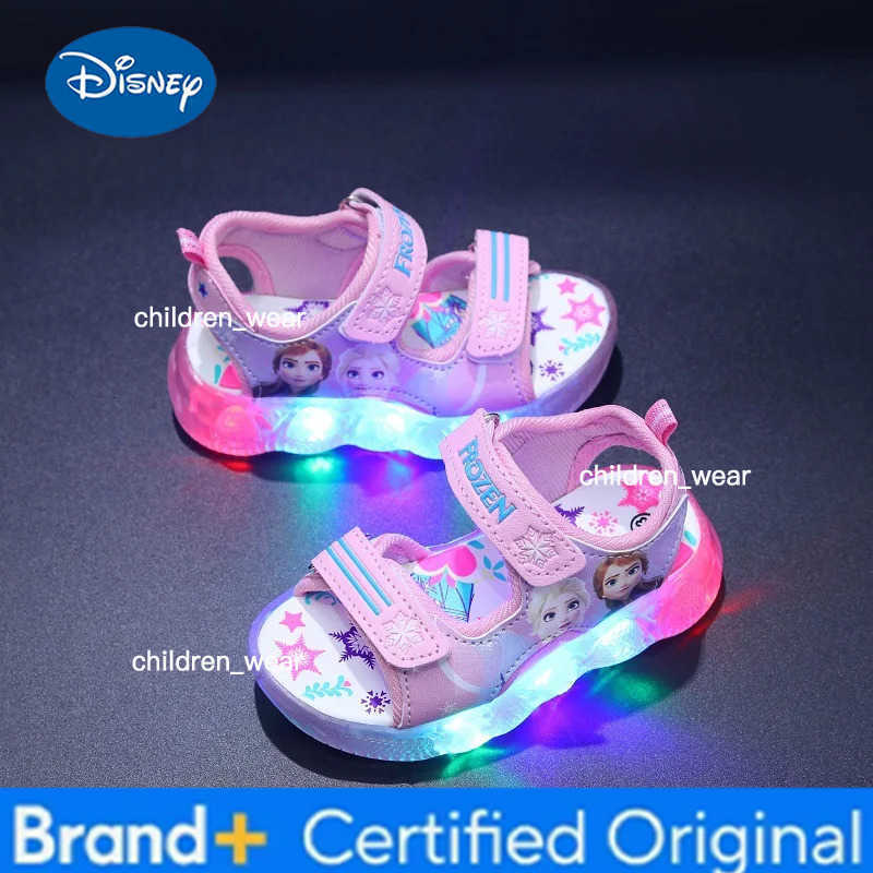 Disney Summer Girls Fashion Frozen Elsa Princess Led Light Up Luminous Sports Sandals Kids Non-slip Outdoor Sandals Toddler Shoe H260303