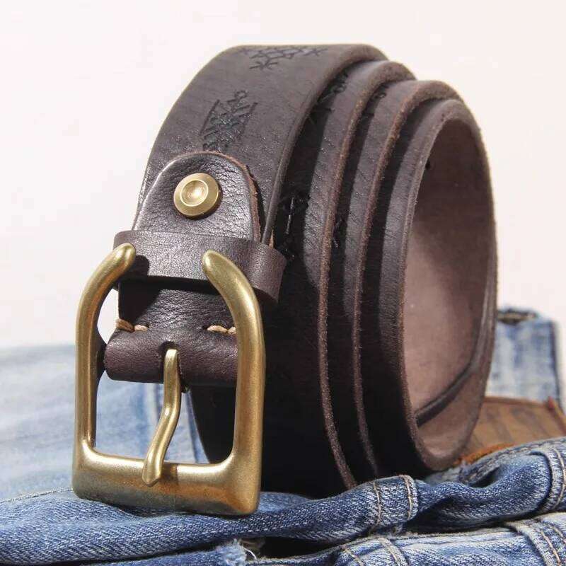 Extra Thick Cowhide Personality Brass Horn-shaped Buckle Head Men's Retro Laser Engraving Lucky Phaeton Symbol Jeans Belt S260228
