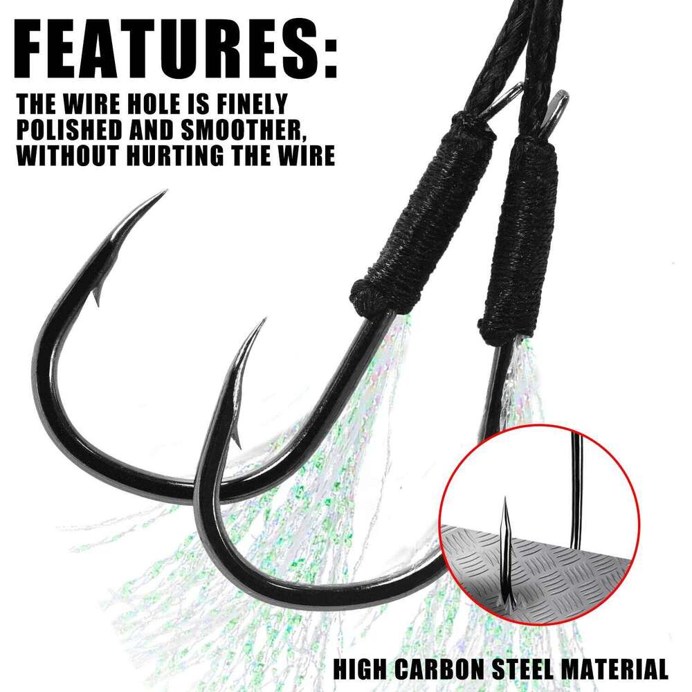 5pair/lot Hook Jig Double PairHooks Barbed Thread Feather Accessories Pesca High Carbon Steel Fishing Lure Slow Jigging Z260228