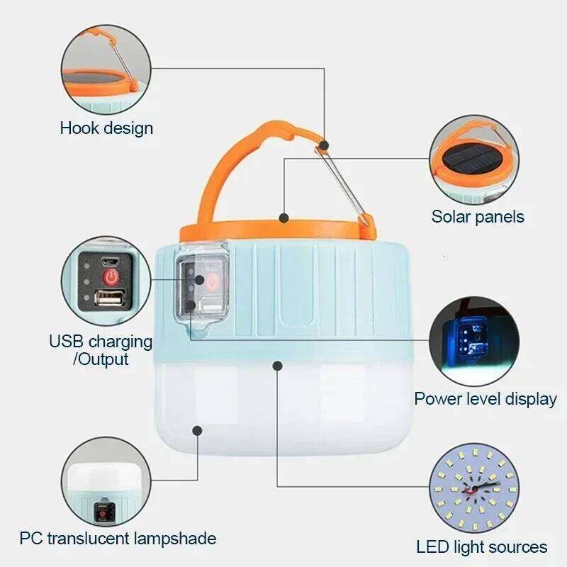 Solar Power LED Camping Lanterns Handheld Waterproof Outdoor Tent Light Rechargeable Floodlight Flashlight S260302