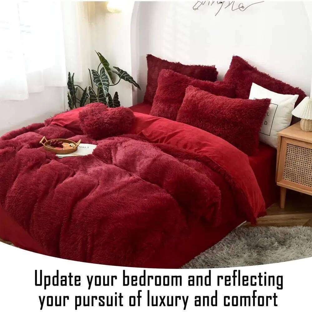 Red King Size Plush Shaggy Faux Fur Comforter Set with 5 Pieces: Velvet Quilt Cover, Pillowcases, and Fitted Sheets W260302