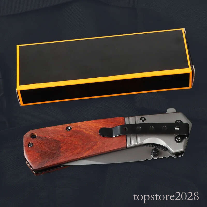 High Quality A228 Flipper Folding Knife 3Cr13Mov Titanium Coating Drop Point Blade Wood with Steel Handle Outdoor EDC Pocket Knives