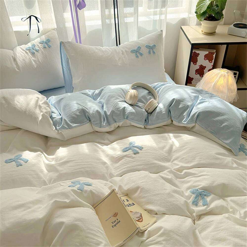 Ins Style Girl Blue 1.5m/1.8m Fitted Bow Towel Bedding Embroidery Washed Cotton Four-piece Set Bed Sheet Three-piece W260302