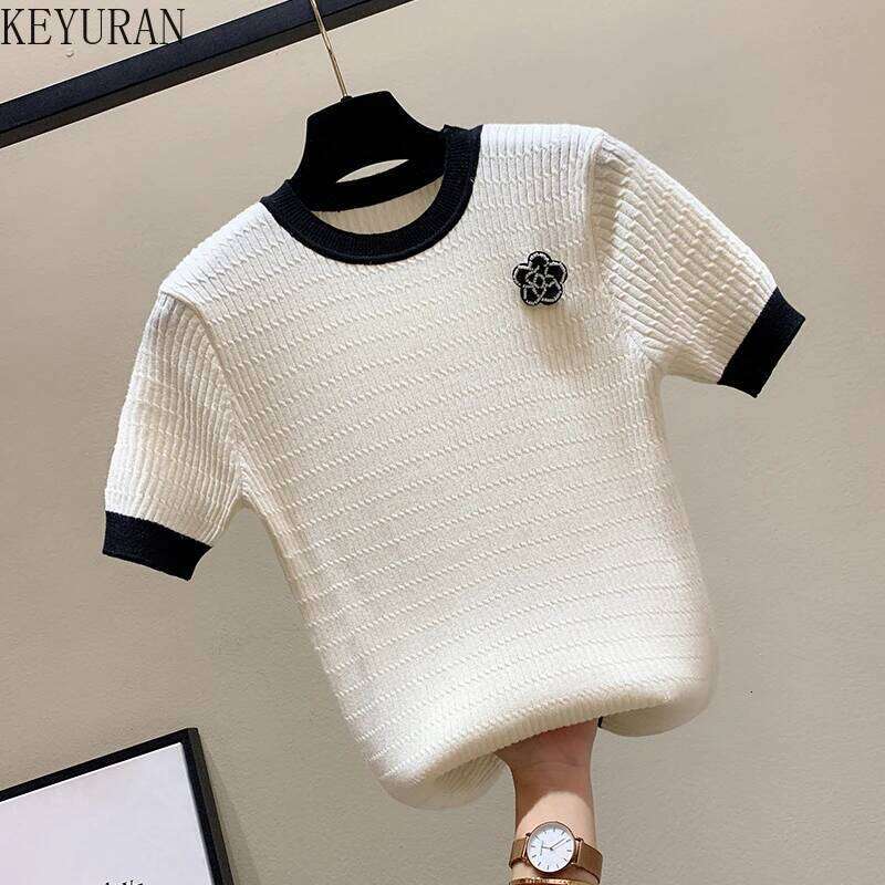 Beading Flower Thin Short Sleeve Sweater Women Knitted T-Shirt Korean O-Neck Office Lady Elegant Black White Pullover Jumper Top