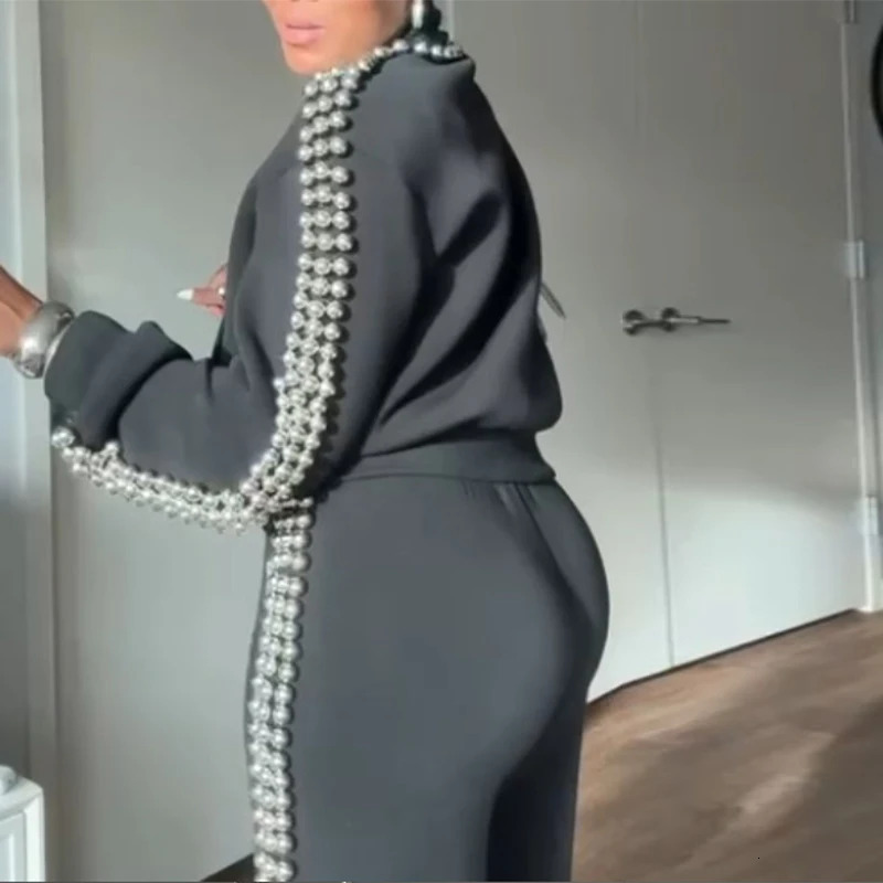 Chic Pearl Trimmed Coat Pants Women Set Elegant Long Sleeve Stand Collar Short Jacket Wide Leg Trouser Modern Lady 2 Pieces Sets 260303