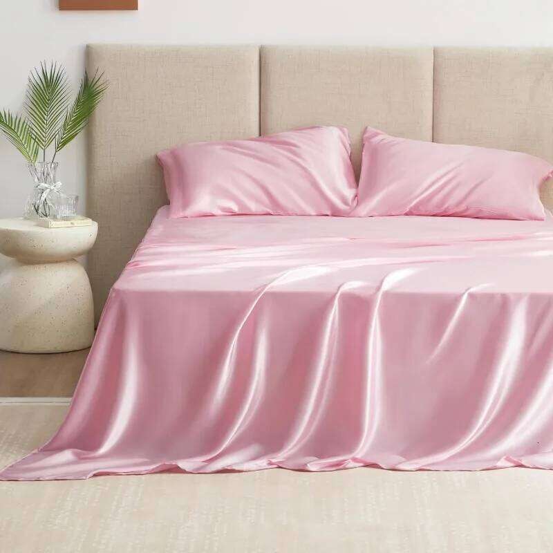 4 Piece Pink Silky Satin Bed Sheets Queen Set with Deep Pocket W260302
