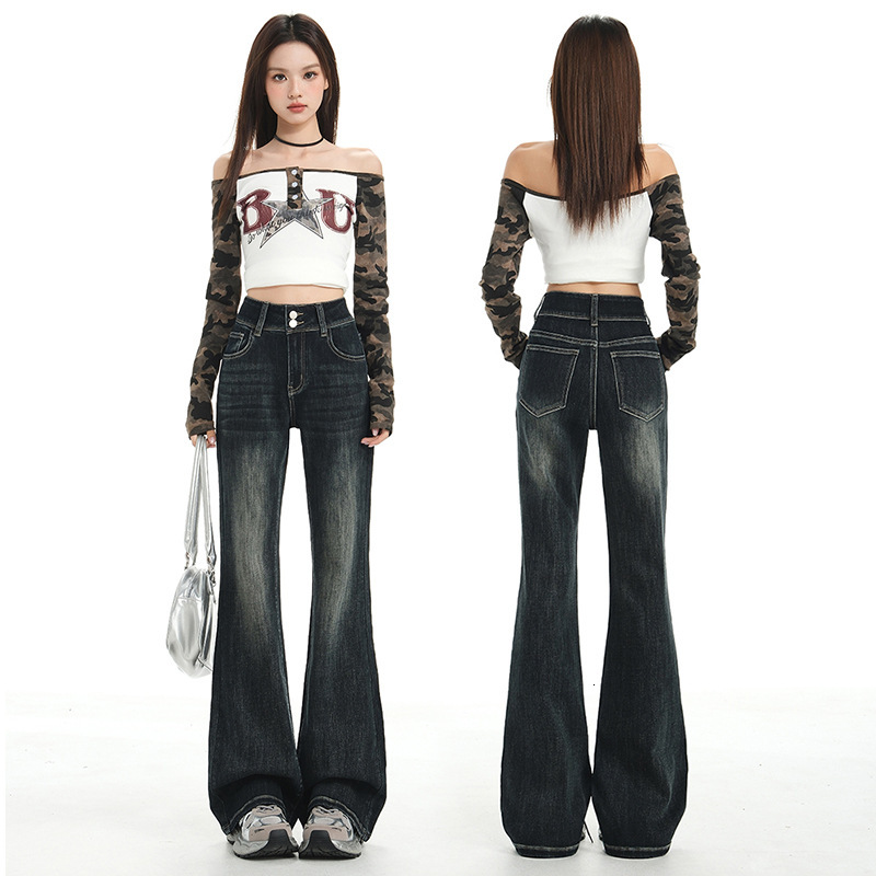 Americn Retro Style Micro-flred Jens With Double Designer Pnts Buttons Elstic High Wist Slimming Effect Women's Long Pnts Extr-long Coffee Color Trousers