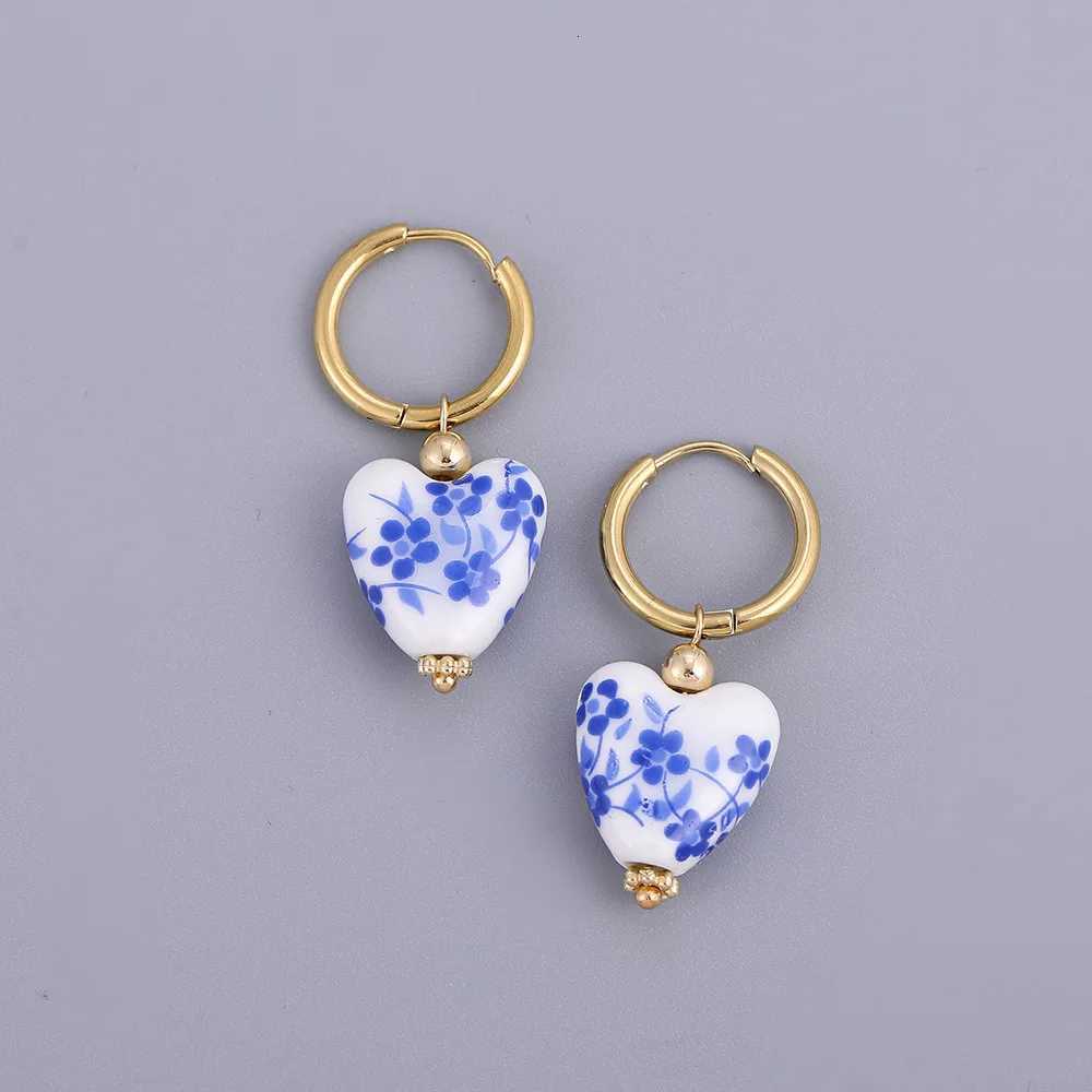 Vintage Love Heart Ceramic Beads Bracelet Fashion Blue and White Porcelain Ceramic Drop Earrings Trendy Elegant Women Jewelry H260303