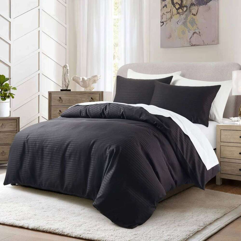 Black Satin Duvet Super Soft Luxury Silky Stripes Reversible Bedding Set 2/3 Piece Twin Queen Comforter Cover with Zipper W260302