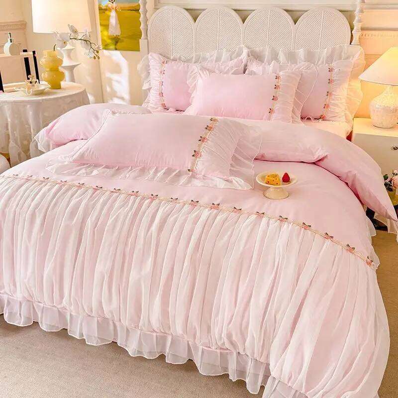 Light Luxury French Four-piece Bedding Set Washed Cotton High-grade Fairy Solid Color Bed Sheet Quilt Cover W260302