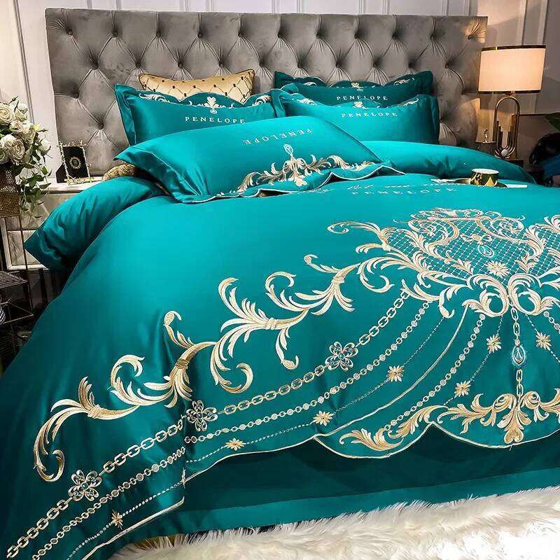 European-Style Bed Sheet Four-Piece Set 100 High-End Atmospheric Ice Silk Quilt Cover Pure Cotton Bedding W260302